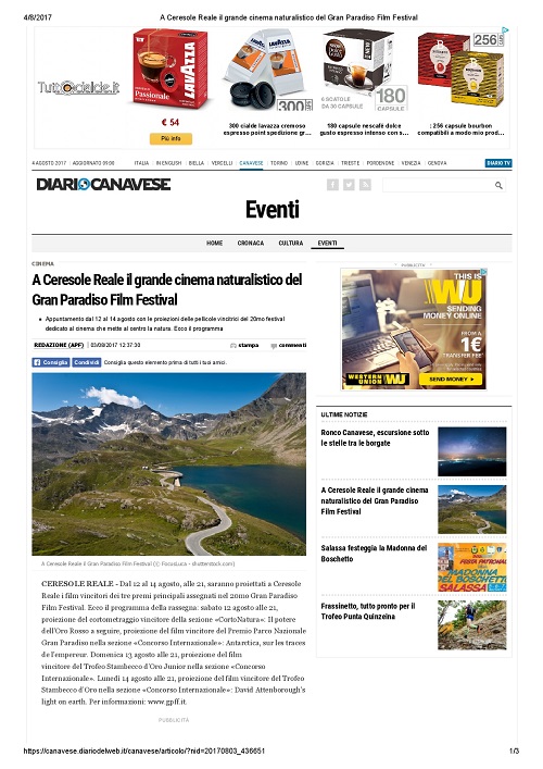 2017-08-03 Diario Canavese A Ceresole Reale il grande cinema naturalistico del Gran Paradiso Film Festival