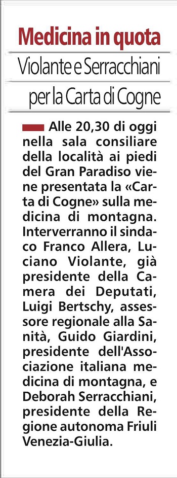 2017-08-17 La Stampa Medicina in quota Violante e Serracchiani per la Carta di Cogne